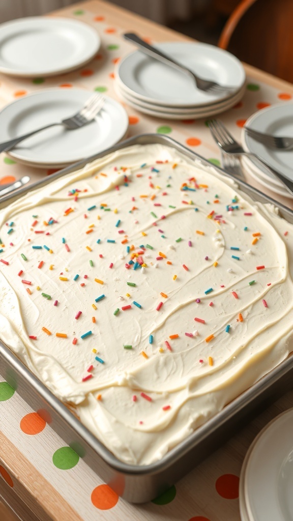 A classic vanilla sheet cake in a 9 by 13-inch pan, decorated with sprinkles and frosting, ready to be served.
